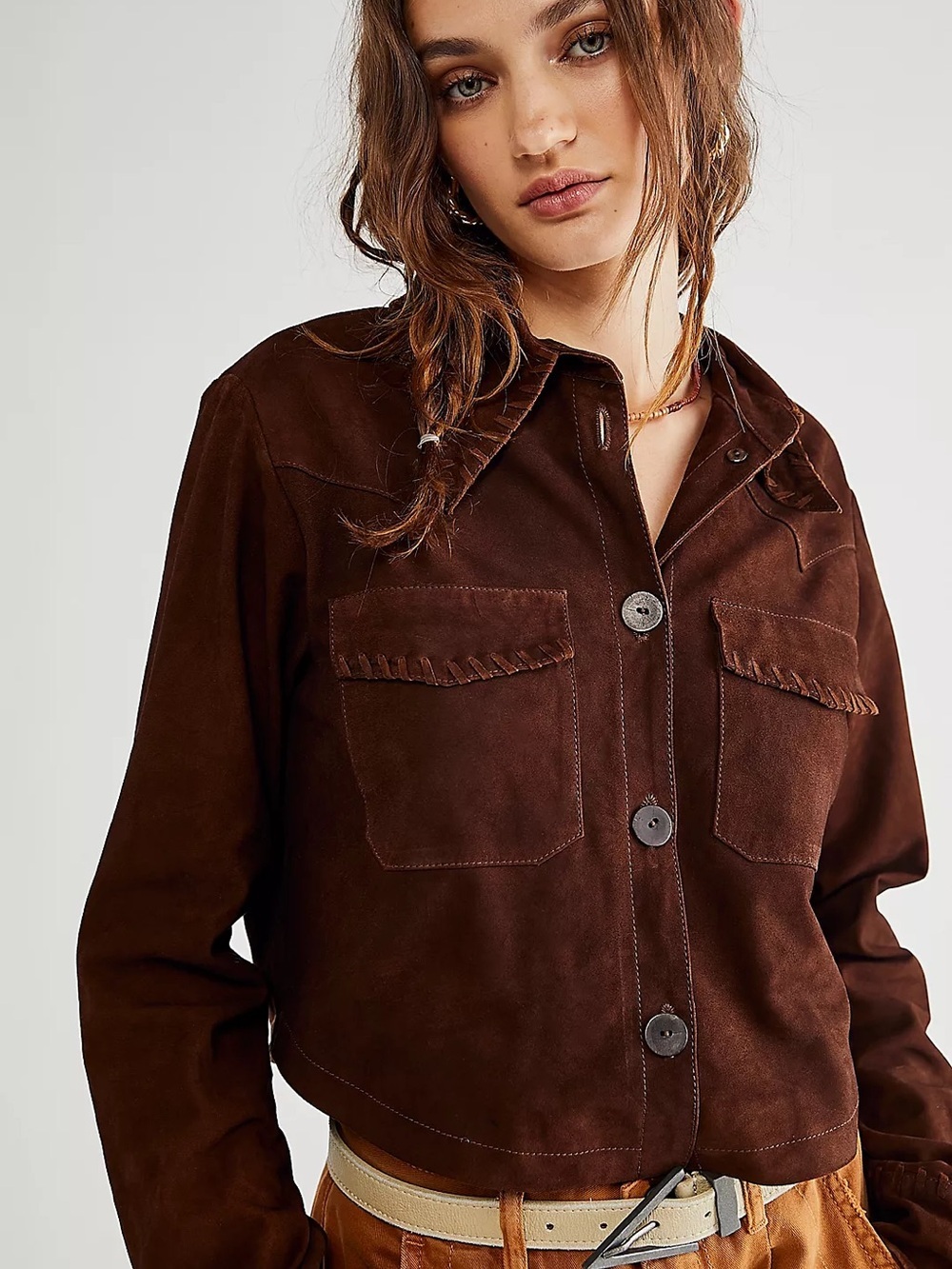 Free People x Brenda Knight Suede Lambskin Chocolate Brown Cropped Jacket